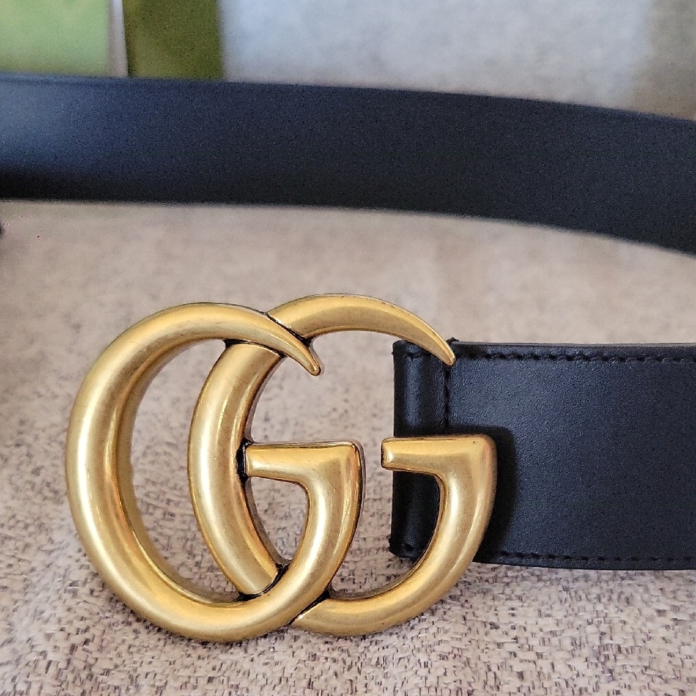 Gucci Signature Black Leather Belt with Gold GG Marmont WIDE Buckle Sz 90 Cm